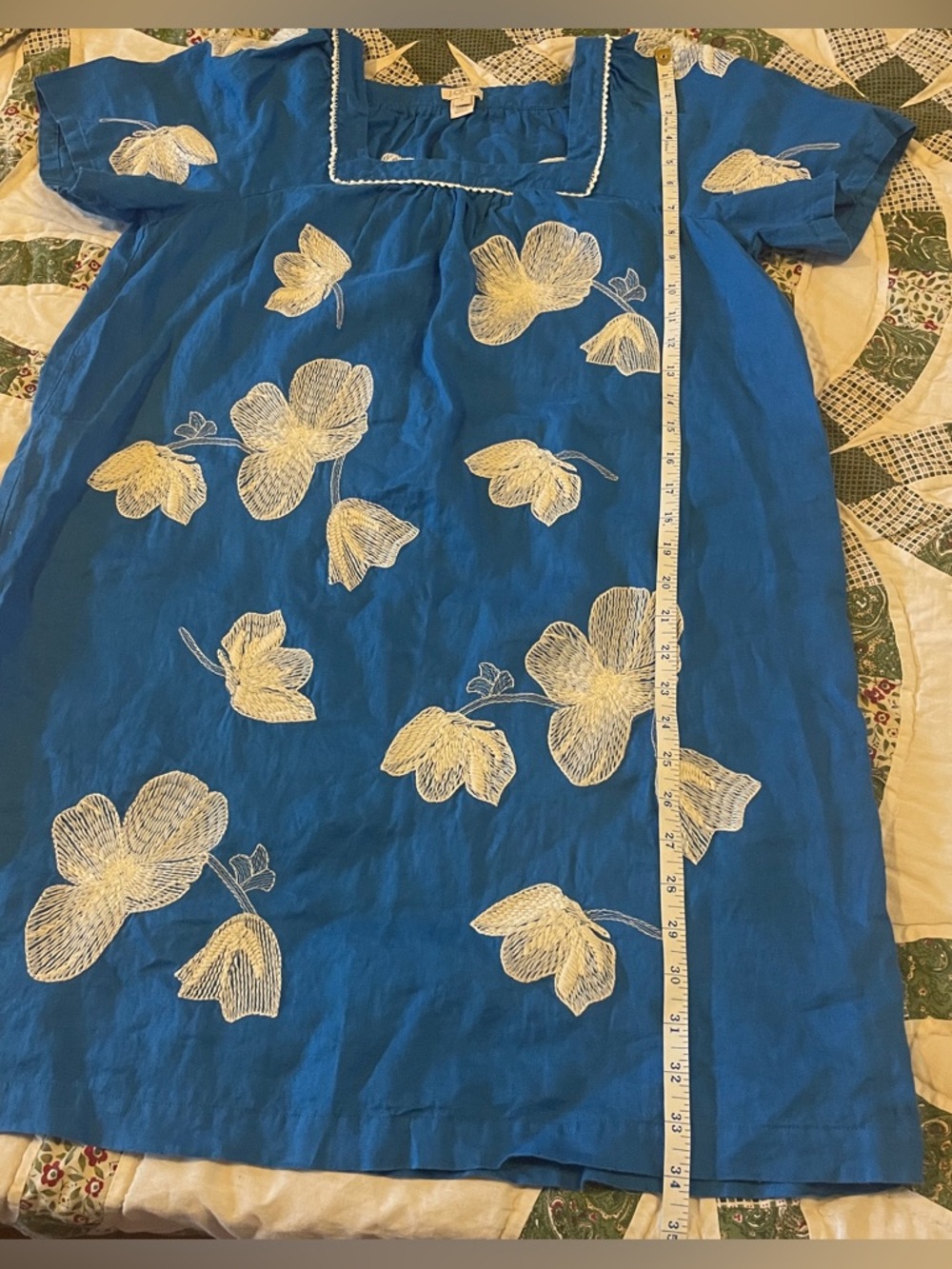 J. Crew Blue Linen Dress with White Floral Embroidery Size Medium - Picture 8 of 8